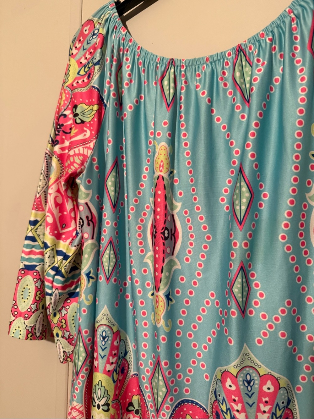 Bright Turquoise Pink Boho Off-Shoulder Dress